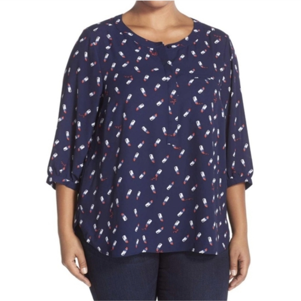 NYDJ Lipstick Rockabilly Novelty Print 3/4 Sleeve Popover Blouse Top 1X